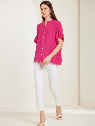 Button Up Textured Ruffle Sleeve Casual Blouse