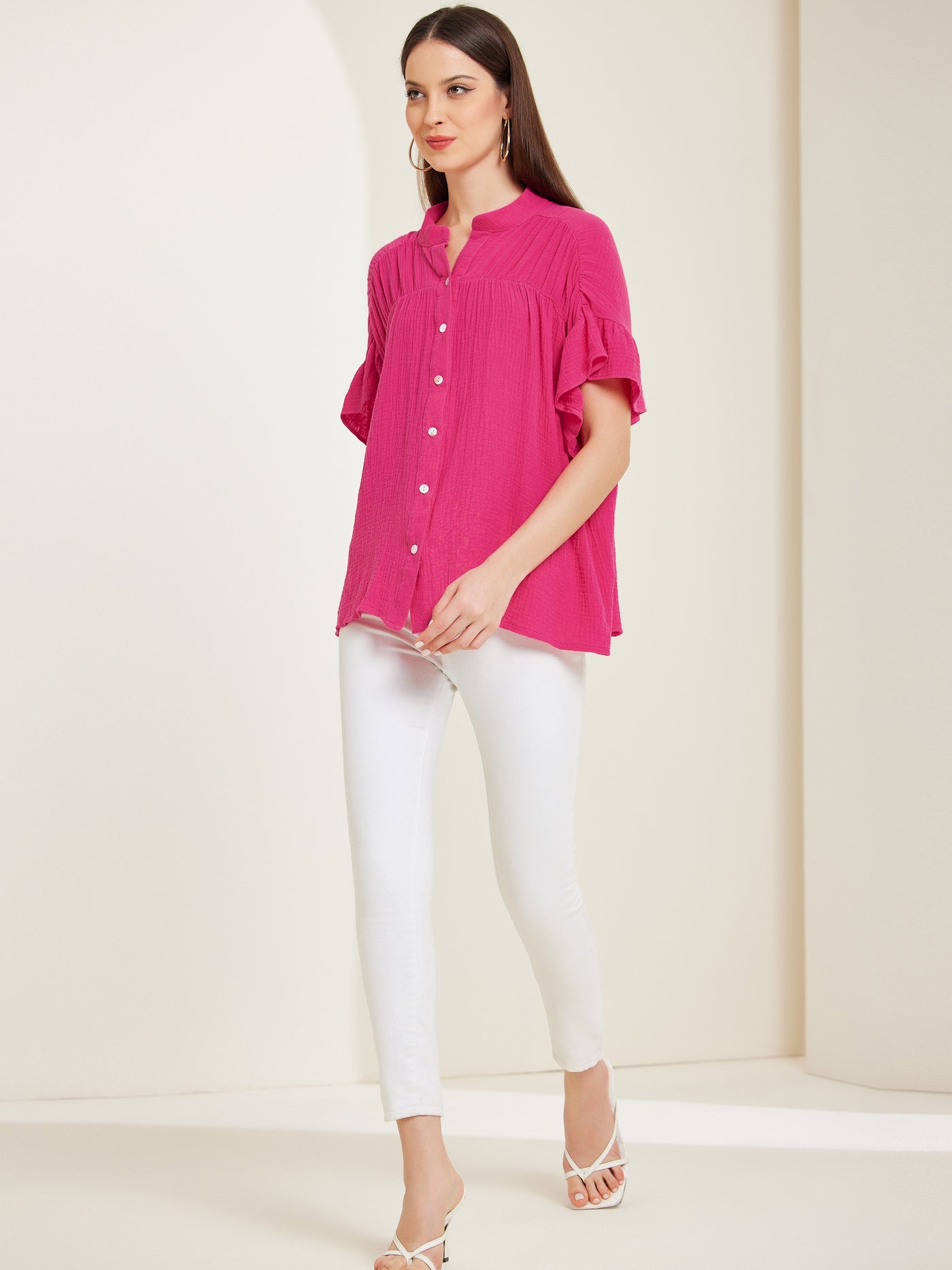 Allegra K Button Up Textured Ruffle Sleeve Casual Blouse