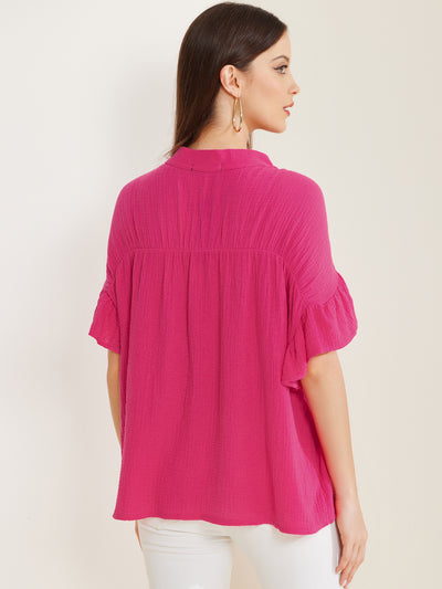 Button Up Textured Ruffle Sleeve Casual Blouse