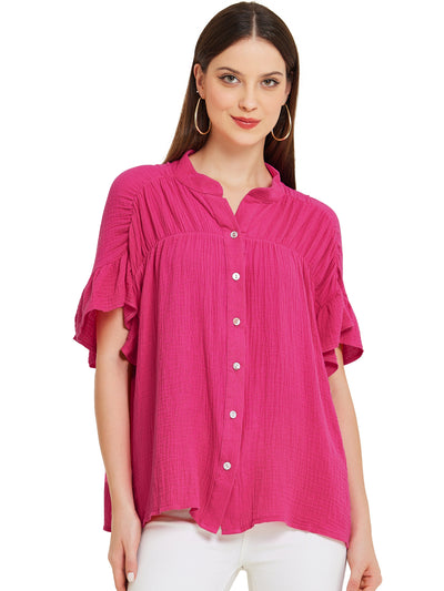 Button Up Textured Ruffle Sleeve Casual Blouse