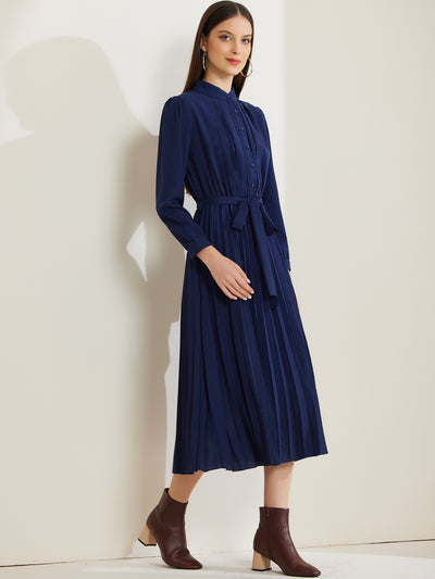 Allegra K Long Sleeve Mock Neck A-Line Midi Pleated Shirt Dress