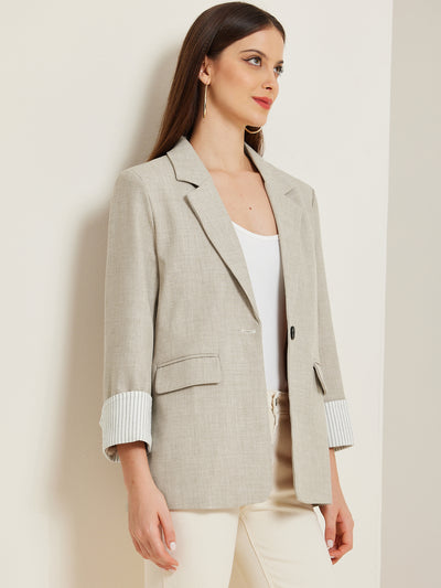 Notched Lapel One Button Roll Up Sleeve Office Work Blazer