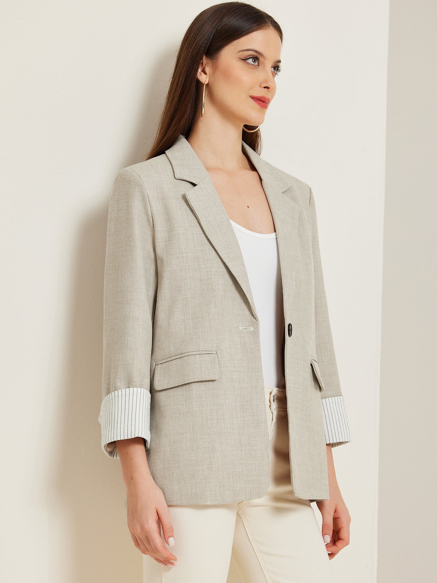 Allegra K Notched Lapel One Button Roll Up Sleeve Office Work Blazer