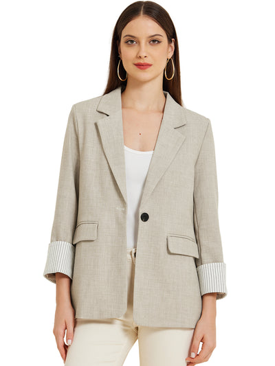 Notched Lapel One Button Roll Up Sleeve Office Work Blazer