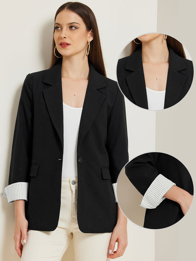 Notched Lapel One Button Roll Up Sleeve Office Work Blazer