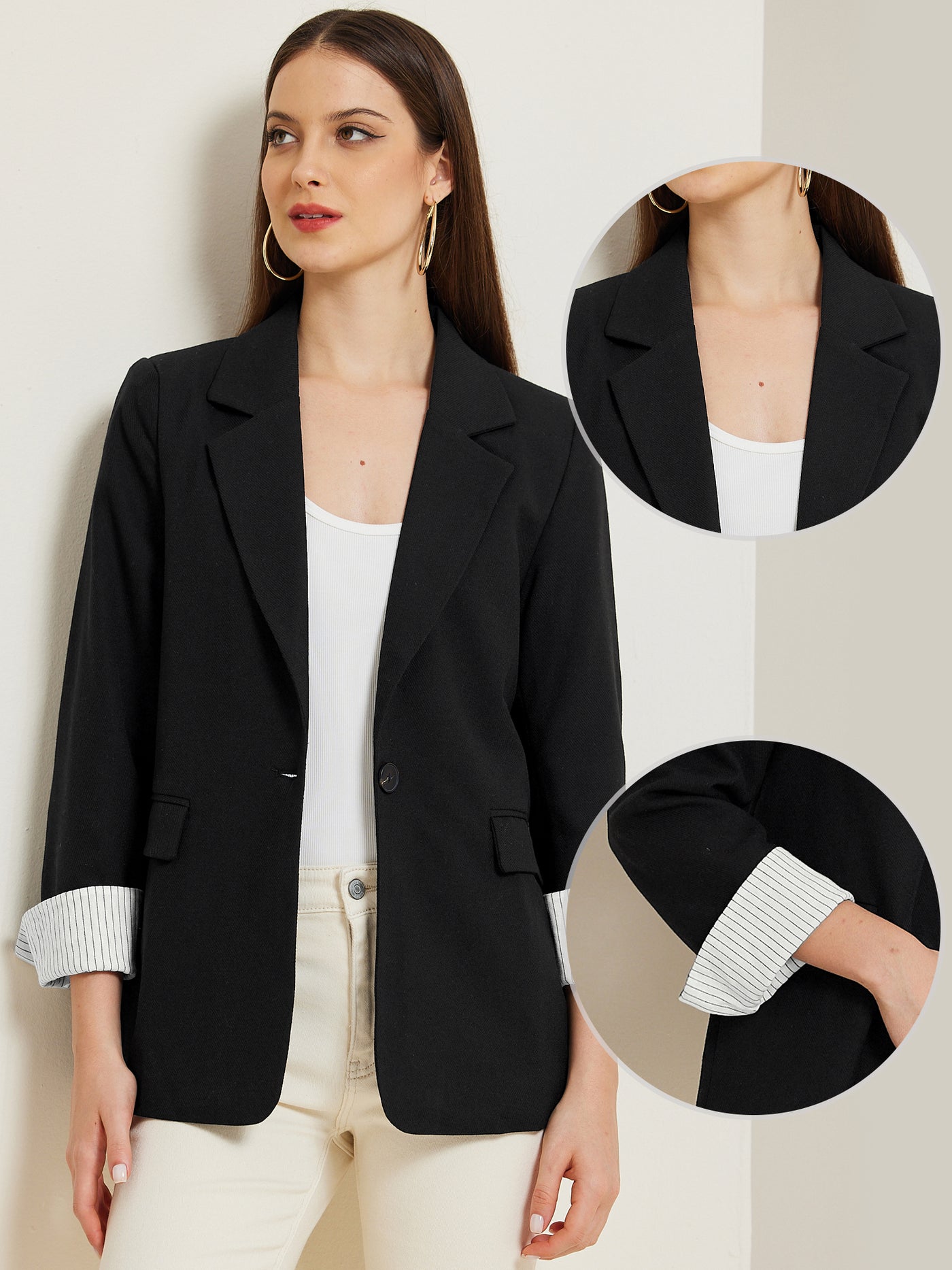 Allegra K Notched Lapel One Button Roll Up Sleeve Office Work Blazer