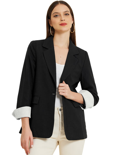 Notched Lapel One Button Roll Up Sleeve Office Work Blazer