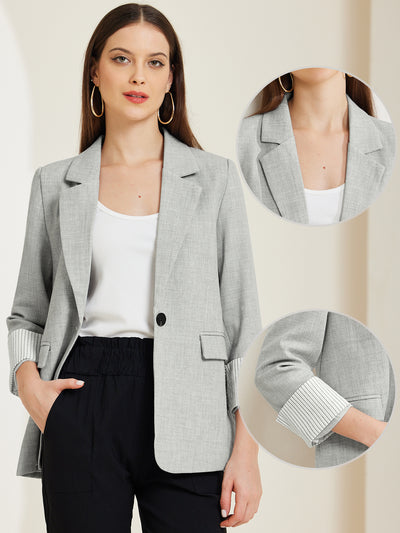 Notched Lapel One Button Roll Up Sleeve Office Work Blazer