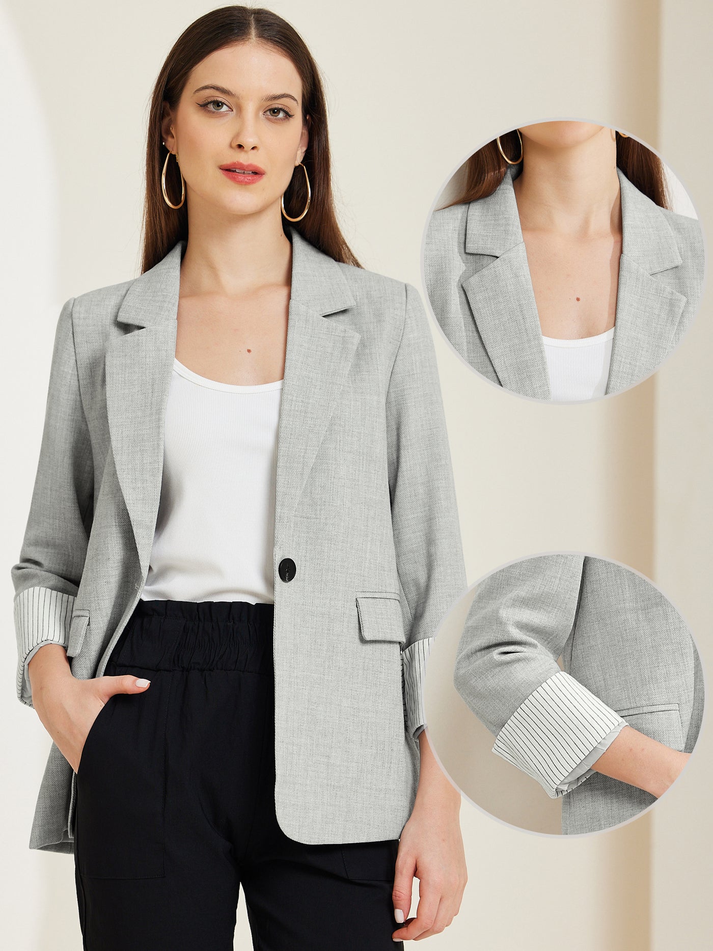 Allegra K Notched Lapel One Button Roll Up Sleeve Office Work Blazer