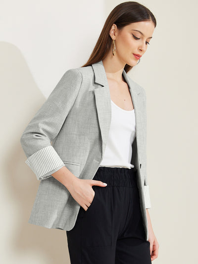 Notched Lapel One Button Roll Up Sleeve Office Work Blazer