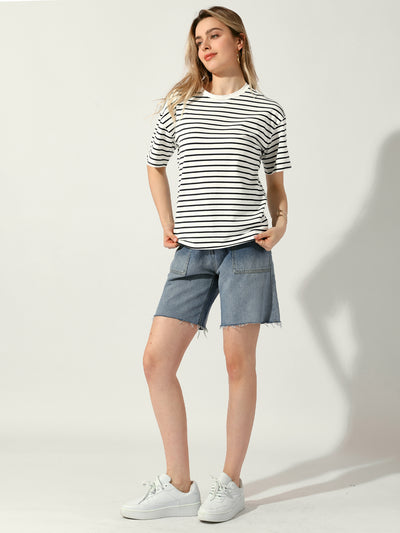 Allegra K Striped Short Sleeve Crew Neck Casual T-Shirts