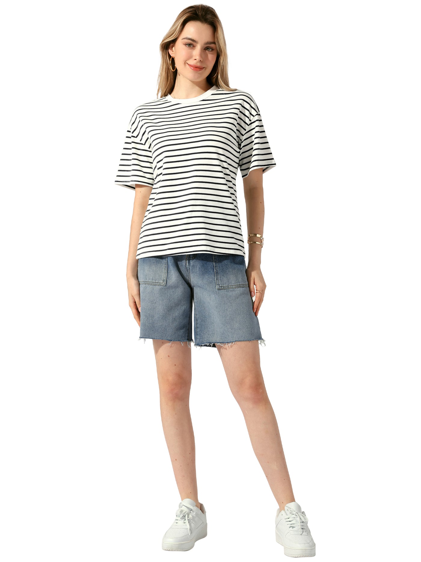 Allegra K Striped Short Sleeve Crew Neck Casual T-Shirts