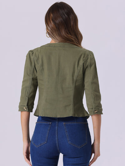 Denim Collarless Pockets 3/4 Sleeve Feminine Style Jacket