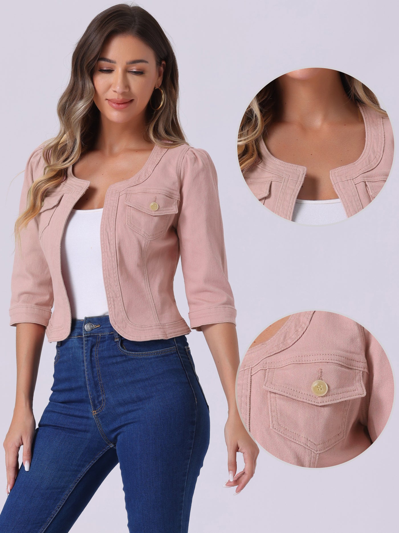 Allegra K Denim Collarless Pockets 3/4 Sleeve Feminine Style Jacket