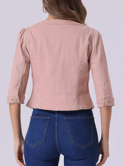 Denim Collarless Pockets 3/4 Sleeve Feminine Style Jacket