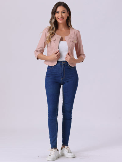 Denim Collarless Pockets 3/4 Sleeve Feminine Style Jacket