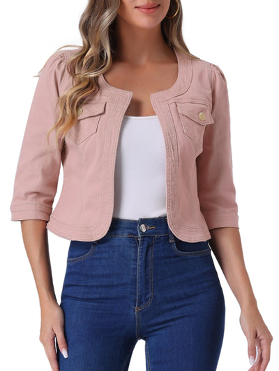 Denim Collarless Pockets 3/4 Sleeve Feminine Style Jacket