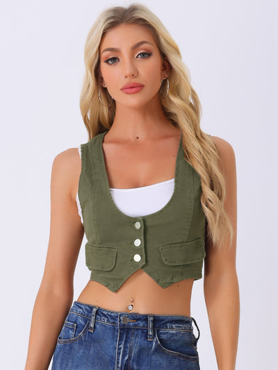 Denim Vintage Button Up Sleeveless Crop Jean Waistcoat Vest