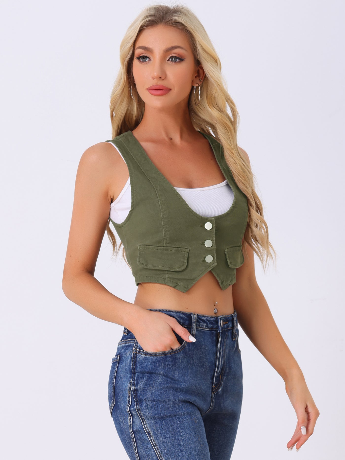 Allegra K Denim Vintage Button Up Sleeveless Crop Jean Waistcoat Vest