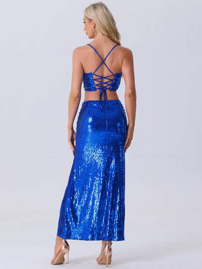 2 Pieces Sequin Spaghetti Straps Crop Top & High Waist Split Maxi Skirt Set