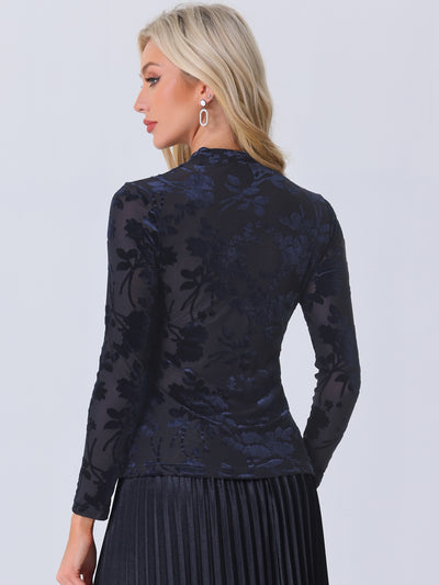 See Through Mesh Mock Neck Velvet Floral Blouse