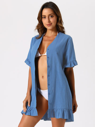 Summer Swimwear Beach Button Front Shirt Dress Ruffle Hem Cover Up