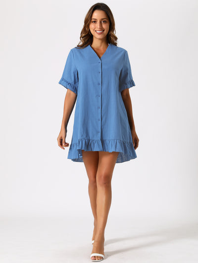 Summer Swimwear Beach Button Front Shirt Dress Ruffle Hem Cover Up