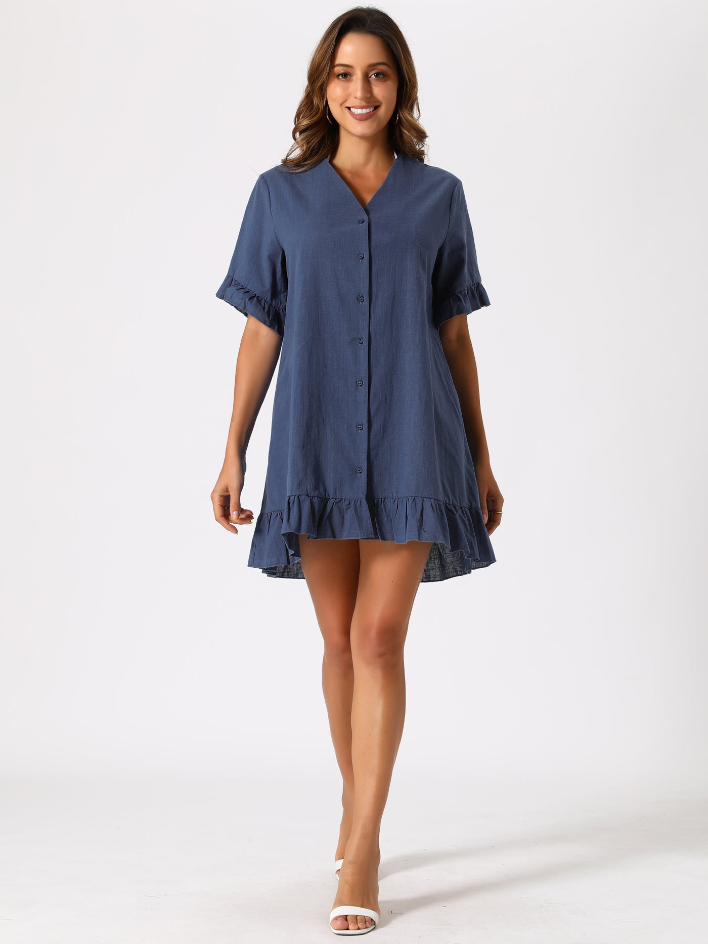 Allegra K Summer Swimwear Beach Button Front Shirt Dress Ruffle Hem Cover Up