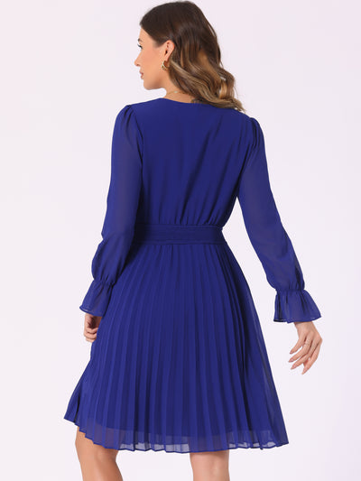 V Neck Smocked Long Sleeve Pleated Midi Dress