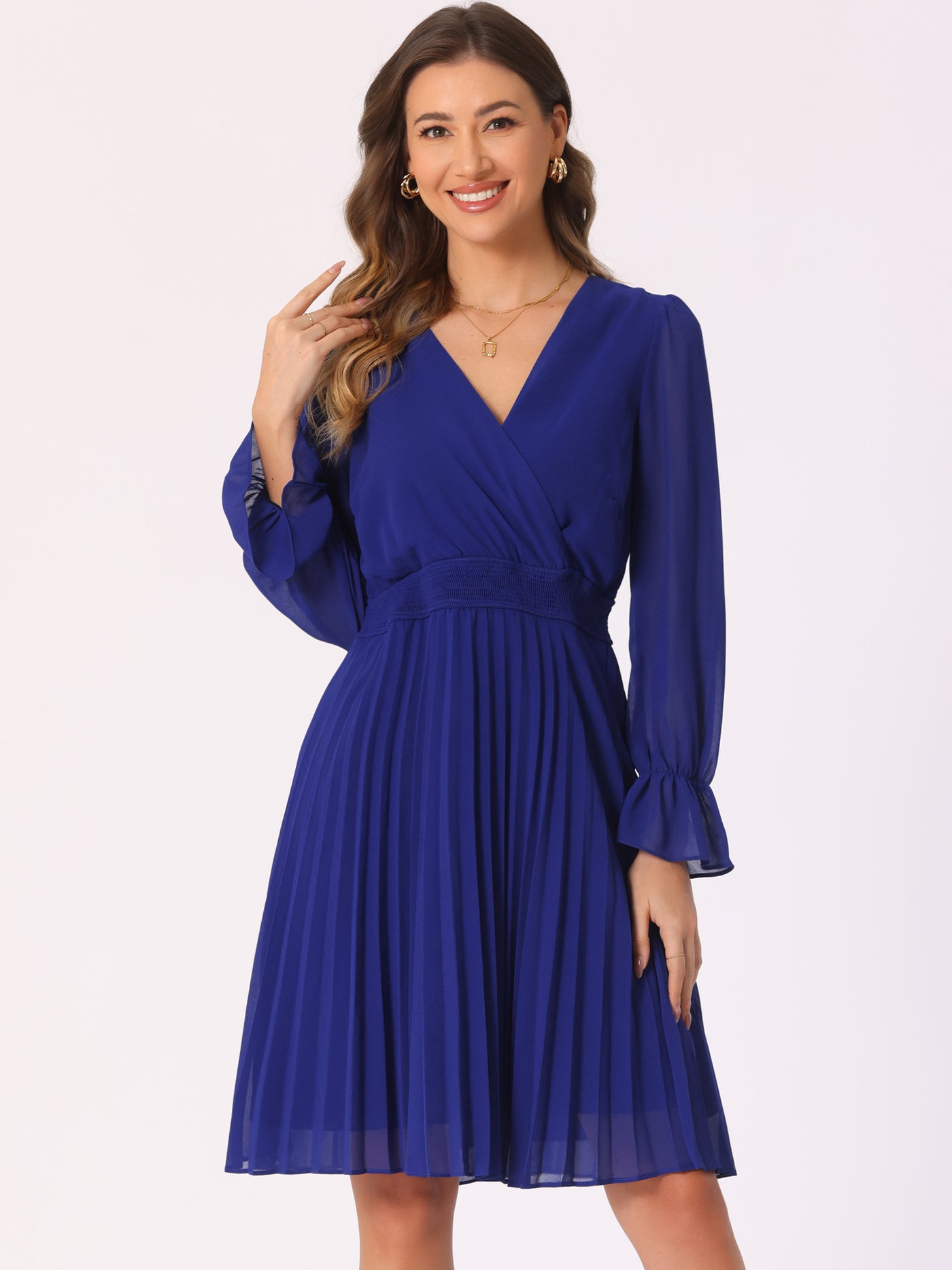 Allegra K V Neck Smocked Long Sleeve Pleated Midi Dress