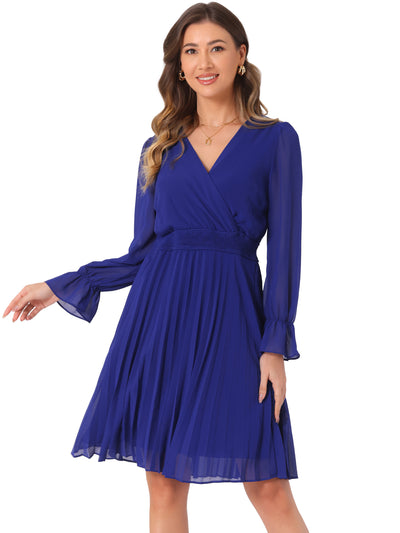 V Neck Smocked Long Sleeve Pleated Midi Dress