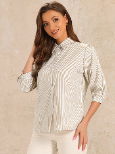 Allegra K Button Down 3/4 Sleeve Striped Casual Work Shirt