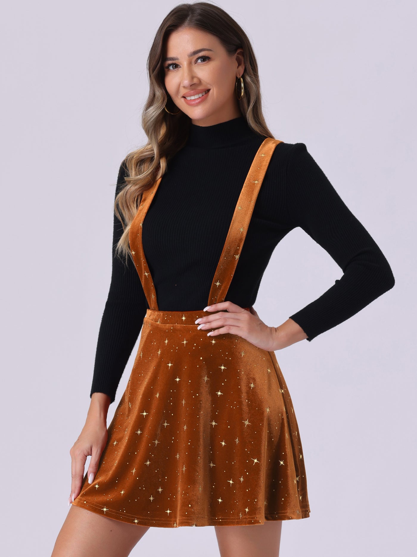 Allegra K Stars Velvet High Waist Mini Pinafore Overall Suspender Skirt