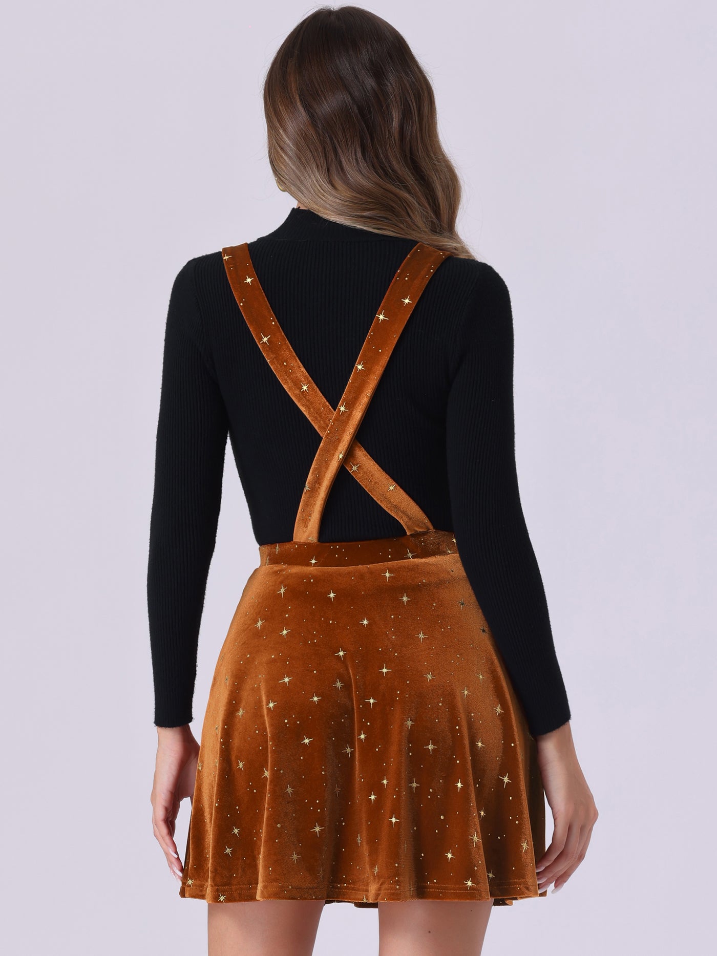 Allegra K Stars Velvet High Waist Mini Pinafore Overall Suspender Skirt