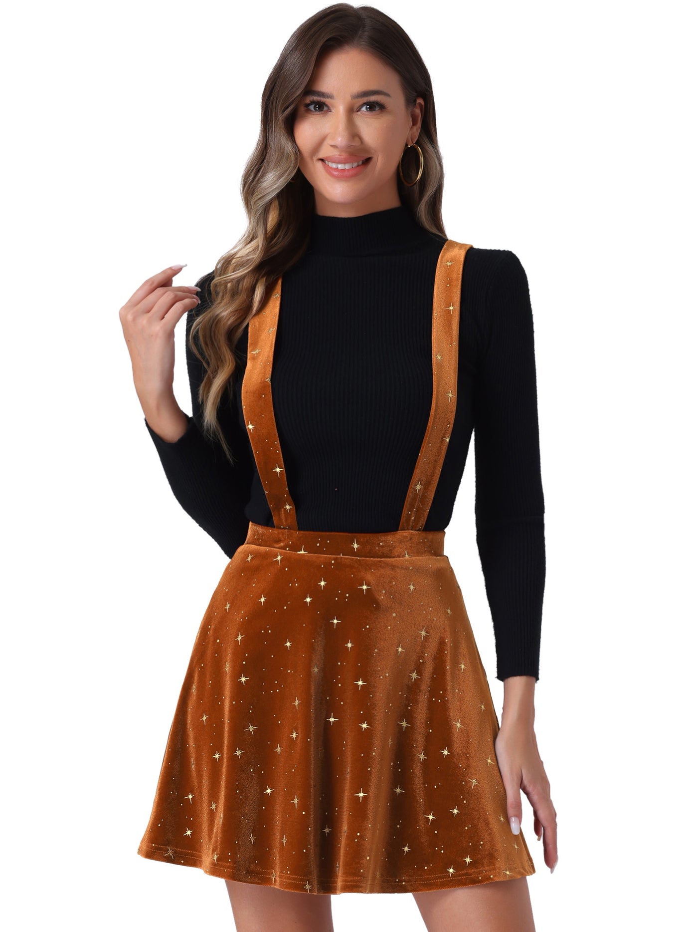 Allegra K Stars Velvet High Waist Mini Pinafore Overall Suspender Skirt