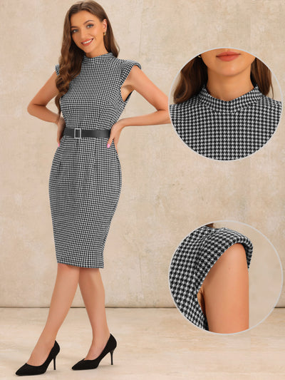 Houndstooth Cap Sleeve Belted Mock Neck Midi Sheath Dress