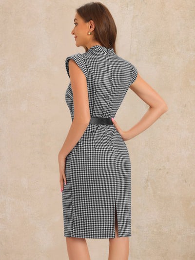 Houndstooth Cap Sleeve Belted Mock Neck Midi Sheath Dress