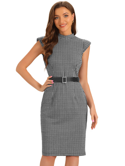 Houndstooth Cap Sleeve Belted Mock Neck Midi Sheath Dress