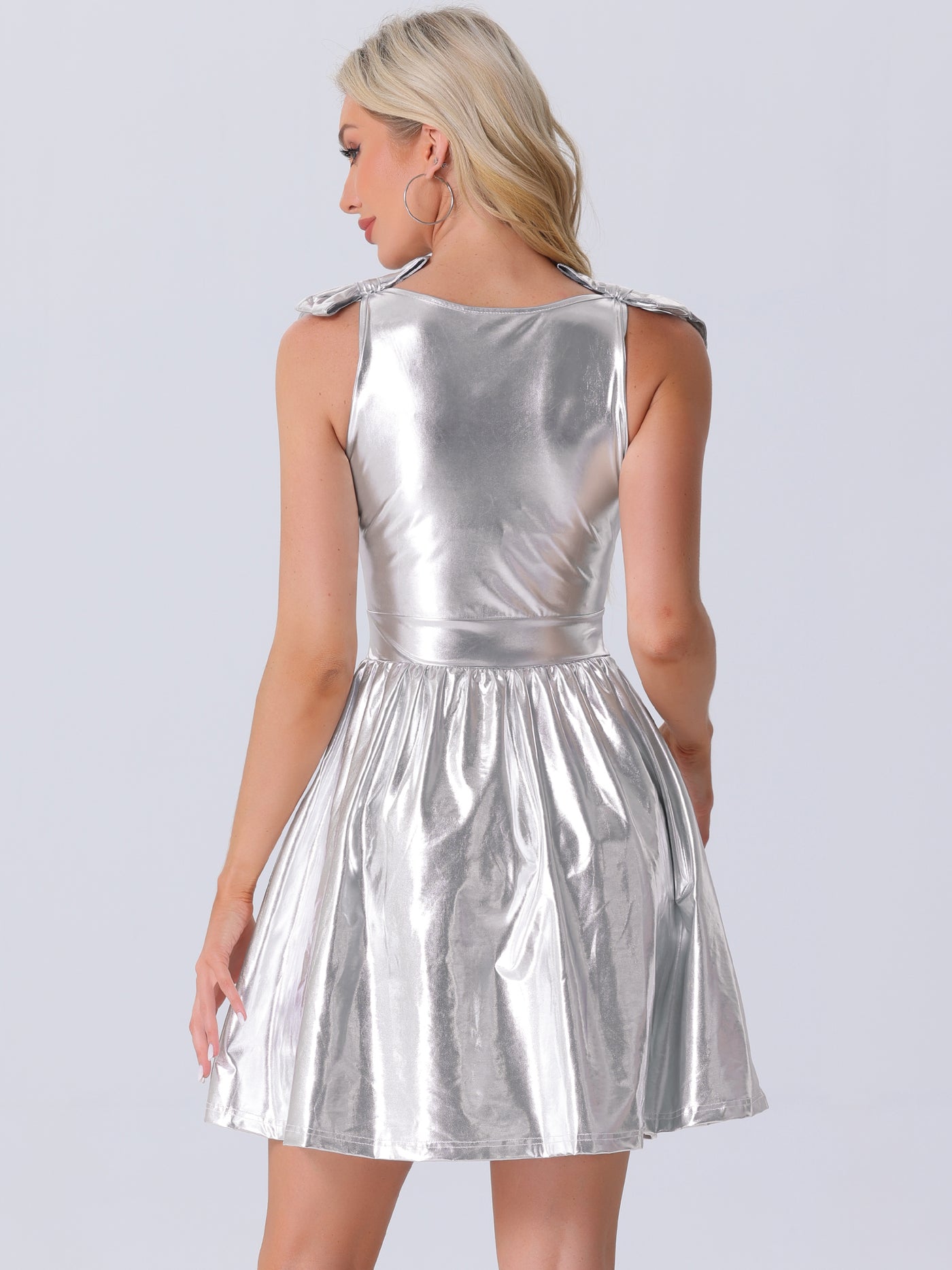 Allegra K Spaghetti Straps Metallic A-Line Sleeveless Party Mini Dress