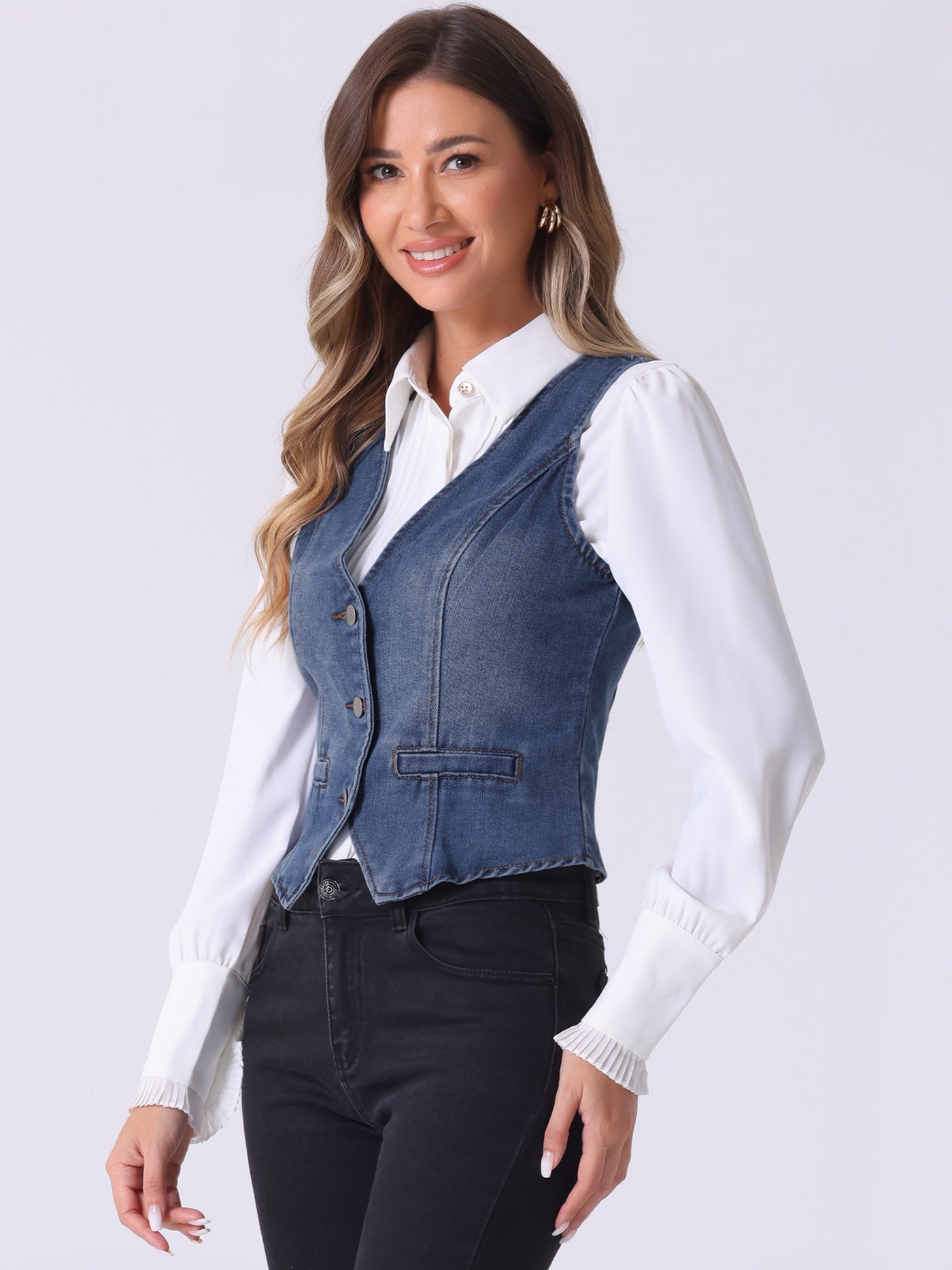 Allegra K Denim Jakcet Sleeveless V Neck Button Down Casual Jean Waistcoat Vest