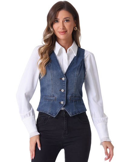 Denim Jakcet Sleeveless V Neck Button Down Casual Jean Waistcoat Vest