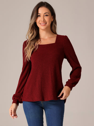 Square Neck Ribbed Knit Basic Casual Long Sleeve Blouse