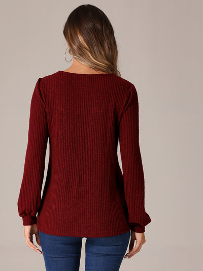 Square Neck Ribbed Knit Basic Casual Long Sleeve Blouse