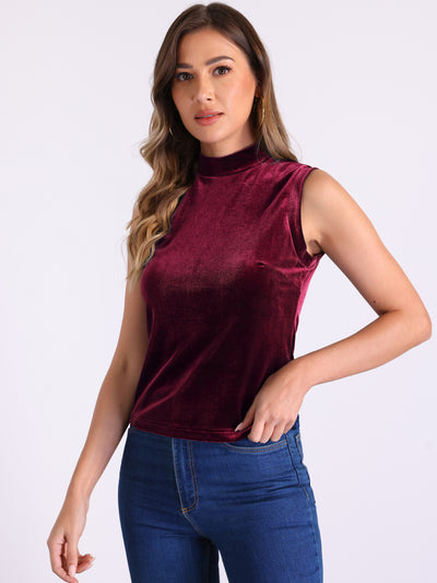 Mock Neck Velvet Sleeveless Solid Color Tank Top