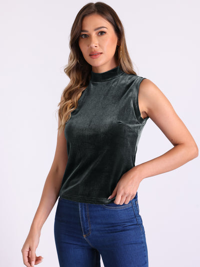 Mock Neck Velvet Sleeveless Solid Color Tank Top