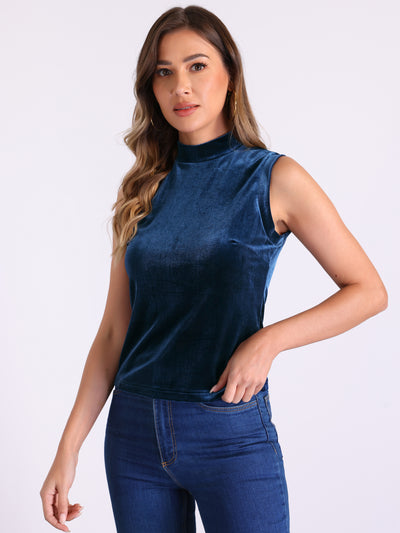 Mock Neck Velvet Sleeveless Solid Color Tank Top