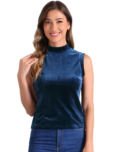 Mock Neck Velvet Sleeveless Solid Color Tank Top