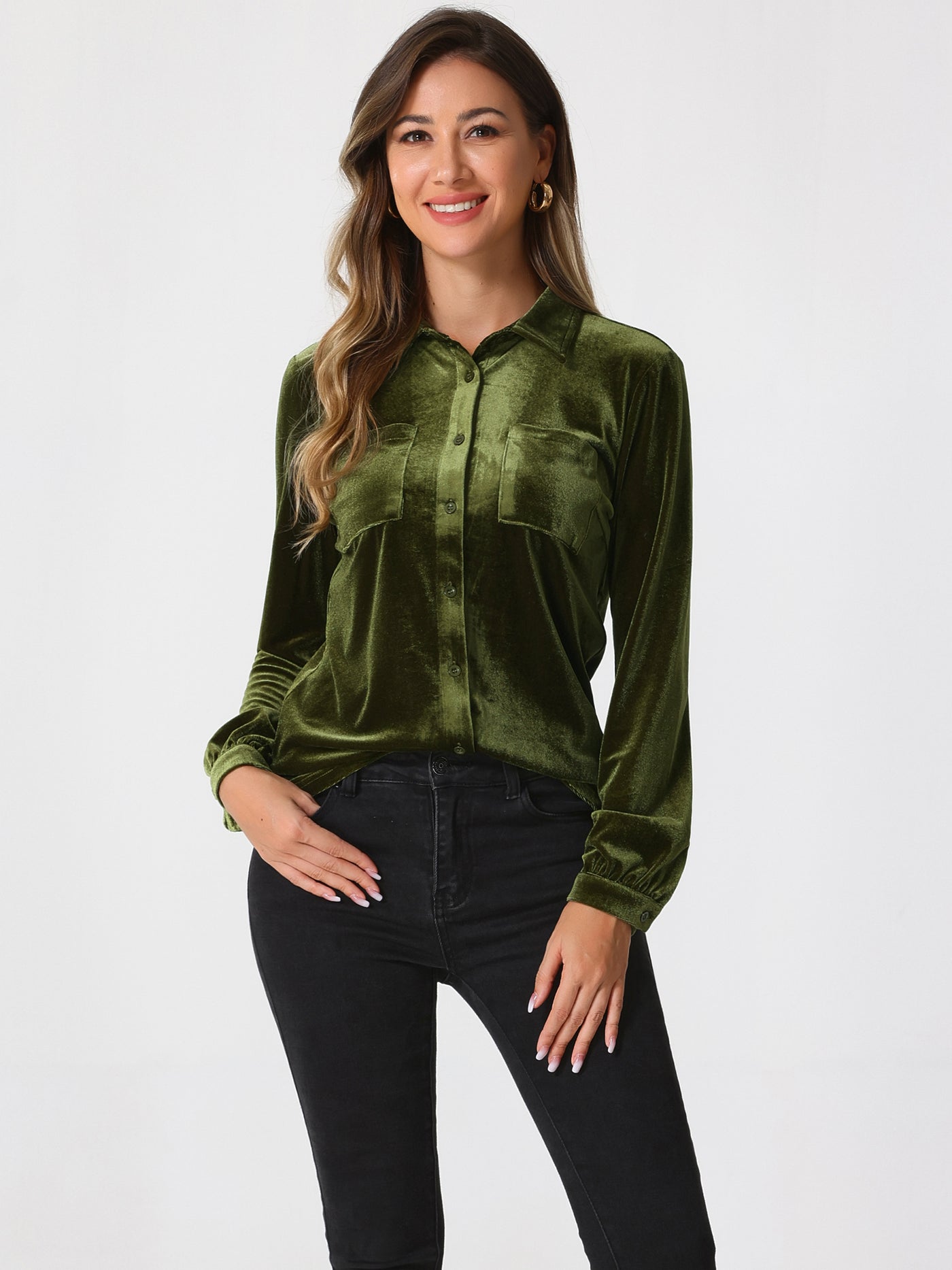 Allegra K Pocket Front Velvet Blouse Long Sleeve Casual Button Down Shirt