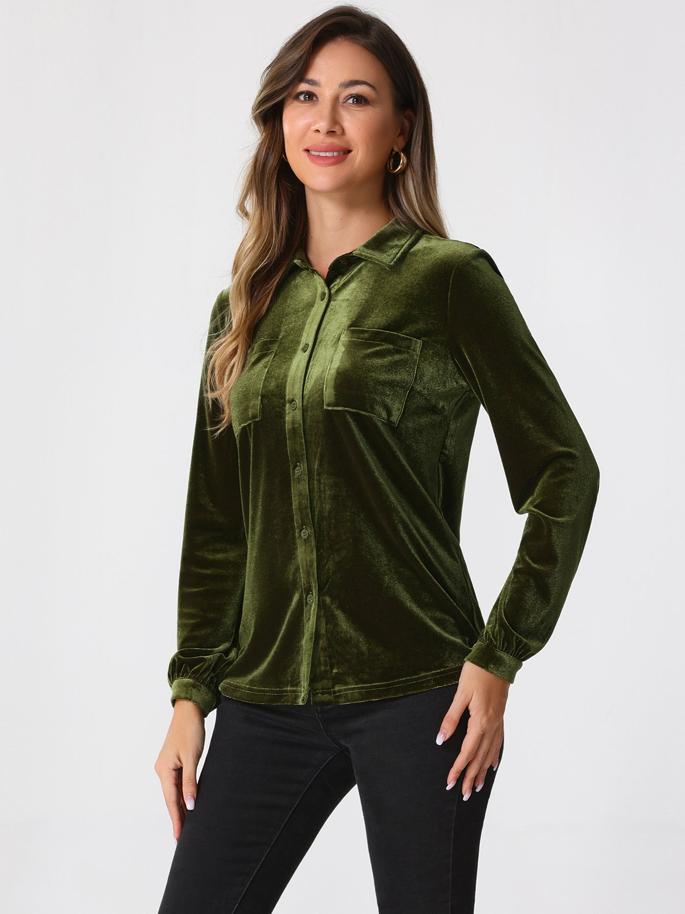 Allegra K Pocket Front Velvet Blouse Long Sleeve Casual Button Down Shirt