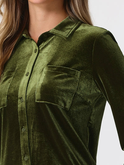 Pocket Front Velvet Blouse Long Sleeve Casual Button Down Shirt